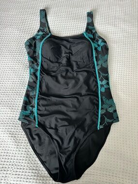 Addition Elle Black One-Piece Swimsuit with Teal Accents- Size 18